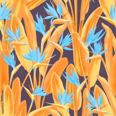 Papier peint  Bird of paradise tropical flower vector seamless pattern. Bohemian tropical plant fabric print design. South African plant tropical blossom of crane flower, strelitzia. Floral wallpaper.