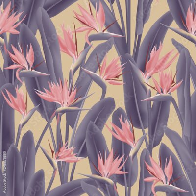 Papier peint  Bird of paradise tropical flower vector seamless pattern. Jungle exotic tropical plant fabric design. South African plant tropical blossom of crane flower, strelitzia. Floral textile print.
