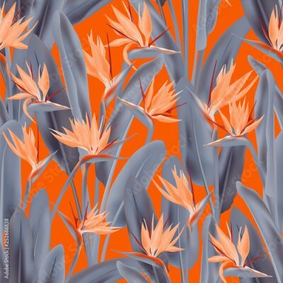 Papier peint  Bird of paradise tropical flower vector seamless pattern. Jungle exotic tropical plant fabric design. South African plant tropical blossom of crane flower, strelitzia. Floral textile print.