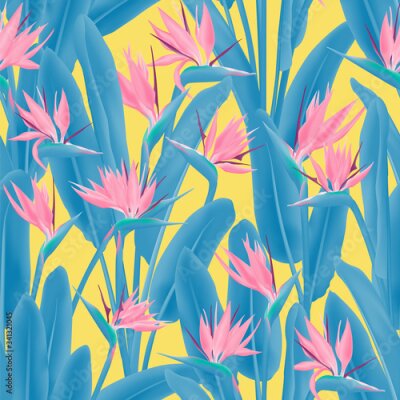 Papier peint  Bird of paradise tropical flower vector seamless pattern. Jungle exotic tropical plant fabric design. South African plant tropical blossom of crane flower, strelitzia. Floral textile print.