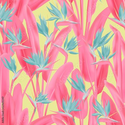 Papier peint  Bird of paradise tropical flower vector seamless pattern. Jungle plant paradise tropical summer fabric design. South African plant tropical blossom of crane flower, strelitzia. Floral textile print.