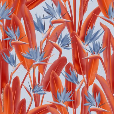 Papier peint  Bird of paradise tropical flower vector seamless pattern. Jungle plant paradise tropical summer fabric design. South African plant tropical blossom of crane flower, strelitzia. Floral wallpaper.