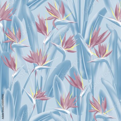 Papier peint  Bird of paradise tropical flower vector seamless pattern. Jungle plant paradise tropical summer fabric design. South African plant tropical blossom of crane flower, strelitzia. Floral wallpaper.