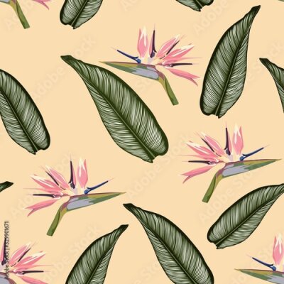 Papier peint  Bird of paradise tropical pink flower and leaves  seamless pattern. Jungle exotic plant for fabric design. South African blossom flower, strelitzia. Floral wallpaper. Yellow backdrop.