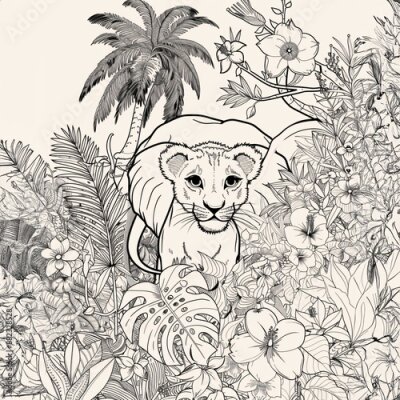 Papier peint  Black And White Coloring Pages Of A Lion Cub Looking Through Jungle Foliage With A Lot Of Strelitzia - A Black And White Drawing Of A Lion In A Jungle