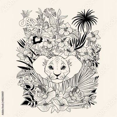 Papier peint  Black And White Coloring Pages Of A Lion Cub Looking Through Jungle Foliage With A Lot Of Strelitzia - A Drawing Of A Lion In A Floral Arrangement