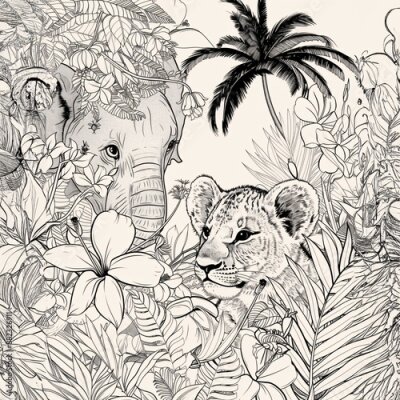 Papier peint  Black And White Coloring Pages Of A Lion Cub Looking Through Jungle Foliage With A Lot Of Strelitzia - A Drawing Of An Elephant And A Cheetah In A Jungle
