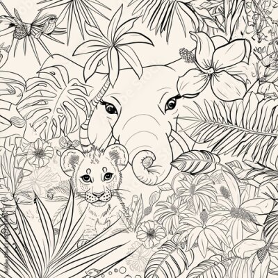 Papier peint  Black And White Coloring Pages Of A Lion Cub Looking Through Jungle Foliage With A Lot Of Strelitzia - A Drawing Of An Elephant And A Lion Cub