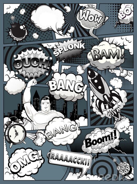 Papier peint  Black and white comic book page divided by lines with speech bubbles, rocket, superhero and sounds effect. Retro background mock-up. Comics template on dark background. Vector illustration