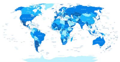 Bleu Carte du monde - les frontières, les pays et les villes -illustration. Image contient contours terrestres, les noms de pays et de pays, les noms de ville, les noms d'objets de l'eau.