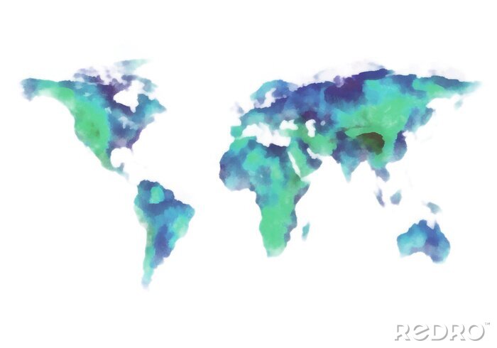 Papier peint  bleu et vert carte du monde, peinture à l'aquarelle