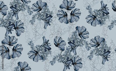 Papier peint  Bleu vintage fleuri