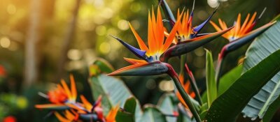 Papier peint  Blooming strelitzia flowers decorate the garden with fresh, artistic charm.