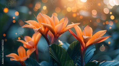 Papier peint  Blooming strelitzia flowers in a flower garden