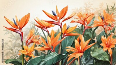 Papier peint  Blooming strelitzia flowers in a flower garden for decorative purposes Artful flower pictures