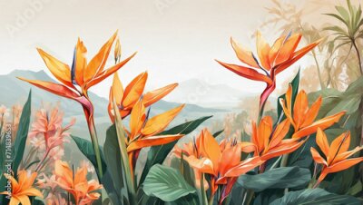 Papier peint  Blooming strelitzia flowers in a flower garden for decorative purposes Artful flower pictures