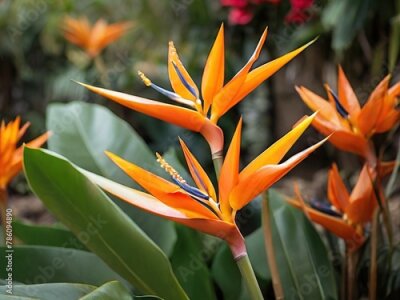 Papier peint  Blooming strelitzia flowers in a flower garden for decorative purposes Artful flower pictures and fresh strelitzia blooms 