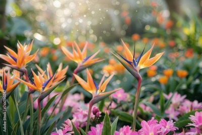 Papier peint  Blooming strelitzia flowers in a flower garden for decorative purposes Artful flower pictures and fresh strelitzia blooms With copy space for text -