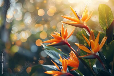 Papier peint  Blooming strelitzia flowers in a flower garden for decorative purposes Artful flower pictures and fresh strelitzia blooms With copy space for text -