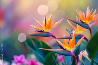 Papier peint  Blooming strelitzia flowers in a flower garden for decorative purposes Artful flower pictures and fresh strelitzia blooms With copyspace for text