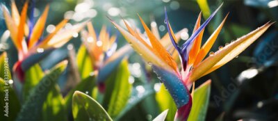Papier peint  Blooming strelitzia flowers in a flower garden for decorative purposes Artful flower pictures and fresh strelitzia blooms With copyspace for text
