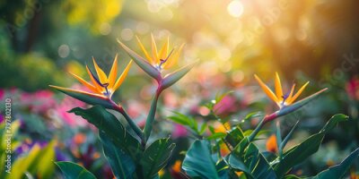 Papier peint  Blooming strelitzia flowers in a flower garden for decorative purposes Artful flower pictures and fresh strelitzia blooms With copyspace for text 8k