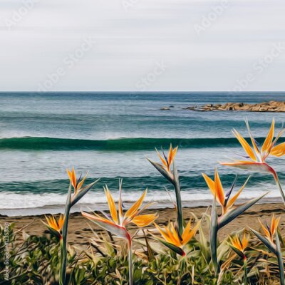 Papier peint  Blooming strelitzia on the beach. 