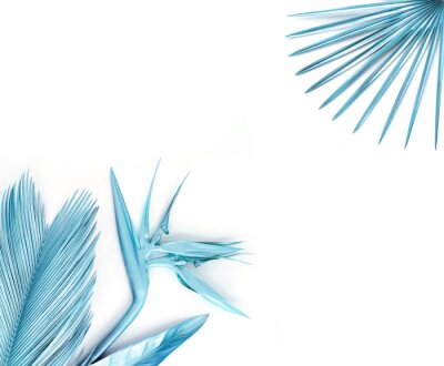Papier peint  Blue metallic palm leaves with Blue metallic strelitzia flower. Isolated on white. 