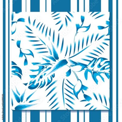 Papier peint  blue Monochromatic strelitzia flower and palm leaves tropical seamless pattern on white background. endless motif fashionable for textile decor and summer design