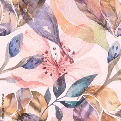 Papier peint  Boho aquarelle transparente motif de plumes et de fleurs sauvages, feuilles, branches de fleurs, illustration, amour et plumes, fleur bohème décoration de printemps