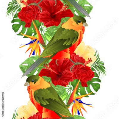 Papier peint  Border seamless background tropical bird cute small  funny  bird and red hibiscus and Strelitzia reginae monstera palm watercolor style on a white background vintage vector illustration editable 