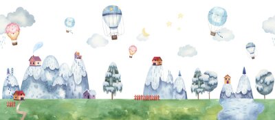 Papier peint  border seamless pattern childrens illustration with balloons, mountain landscape, trees, forest, houses in the mountains, clouds, watercolor illustration pastel gentle colors