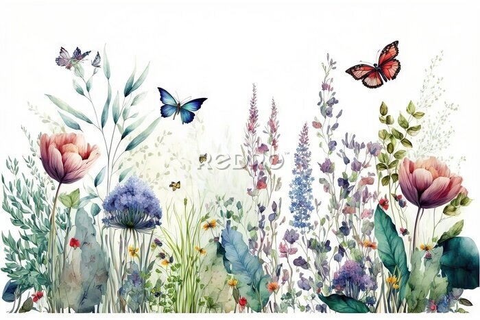 Papier peint  Bordure horizontale harmonieuse avec fleurs multicolores abstraites, feuilles et plantes vertes, papillons volants. Motif isolé à l'aquarelle sur fond blanc, prairie d'été illustration panoramique.