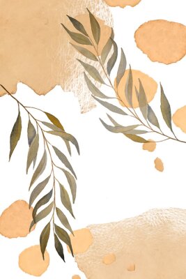 Botanical art with abstraction elements in beige tones. Creative hand drawn texture with eucalyptus branch and leaves wall composition. Background for letterheads, business cards, postcards.