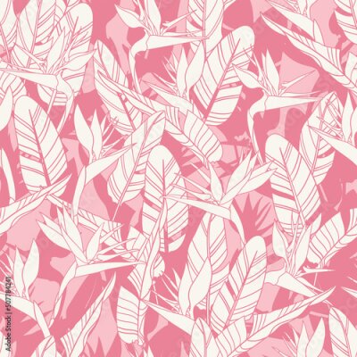 Papier peint  Botanical Hawaiian seamless pattern. Tropical flower vector background. Strelitzia reginae flowers and leaves. Summer beach vacation fashion print.