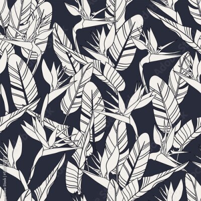 Papier peint  Botanical Hawaiian seamless pattern. Tropical flower vector background. Strelitzia reginae flowers and leaves. Summer beach vacation fashion print.