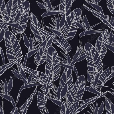 Papier peint  Botanical Hawaiian seamless pattern. Tropical flower vector background. Strelitzia reginae flowers and leaves. Summer beach vacation fashion print.