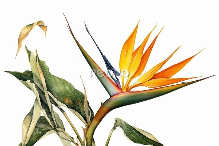 Papier peint  Botanical illustration of strelitzia bird of paradise flower. Generative AI