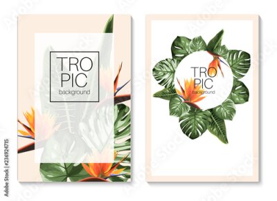 Papier peint  Botanical invitation card template design, green split-leaf philodendron monstera plant with strelitzia bird flowers on beige background, minimalist modern style.