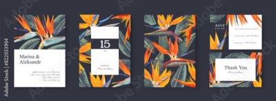 Papier peint  Botanical wedding invitation card. Template design with Strelitzia Reginae, tropical flowers and leaves. South African plant, called bird of paradise. Collection of Save the Date and RSVP in vector