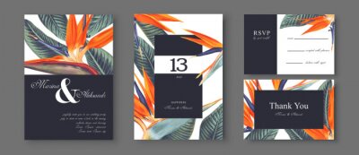 Papier peint  Botanical wedding invitation card. Template design with Strelitzia Reginae, tropical flowers and leaves. South African plant, called bird of paradise. Collection of Save the Date and RSVP in vectorEPS