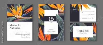 Papier peint  Botanical wedding invitation card. Template design with Strelitzia Reginae, tropical flowers and leaves. South African plant, called bird of paradise. Collection of Save the Date and RSVP in vectorEPS