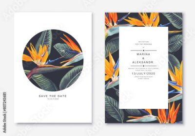 Papier peint  Botanical wedding invitation card. Template design with Strelitzia Reginae, tropical flowers and leaves. South African plant, called bird of paradise. Collection of Save the Date and RSVP in vectorEPS