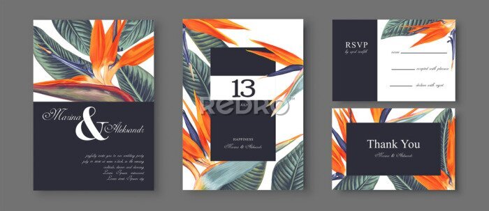 Papier peint  Botanical wedding invitation card. Template design with Strelitzia Reginae, tropical flowers and leaves. South African plant, called bird of paradise. Collection of Save the Date and RSVP in vectorEPS