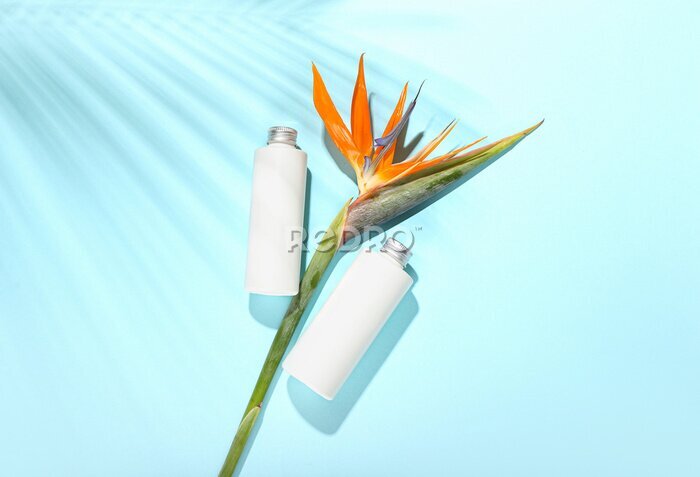 Papier peint  Bottles of cosmetic products and beautiful strelitzia flowers on blue background