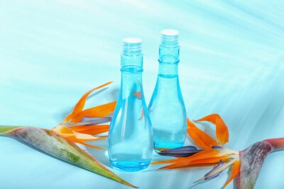 Papier peint  Bottles of cosmetic products and strelitzia flowers on blue background