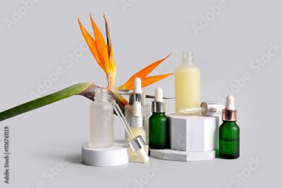 Papier peint  Bottles of cosmetic products with beautiful strelitzia flower and plaster podiums on white background