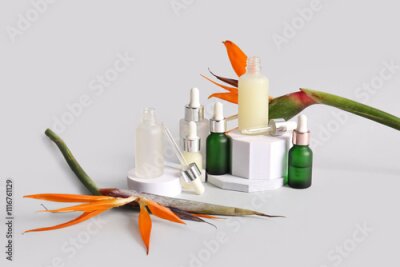Papier peint  Bottles of cosmetic products with beautiful strelitzia flowers and plaster podiums on white background