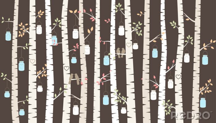 Papier peint  Bouleaux et lanternes graphiques