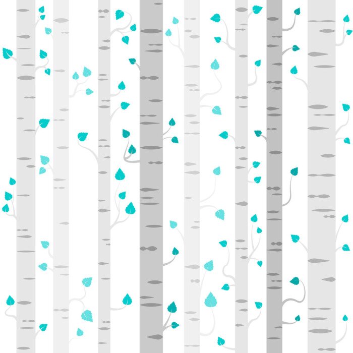 Papier peint  Bouleaux graphiques avec feuilles turquoises
